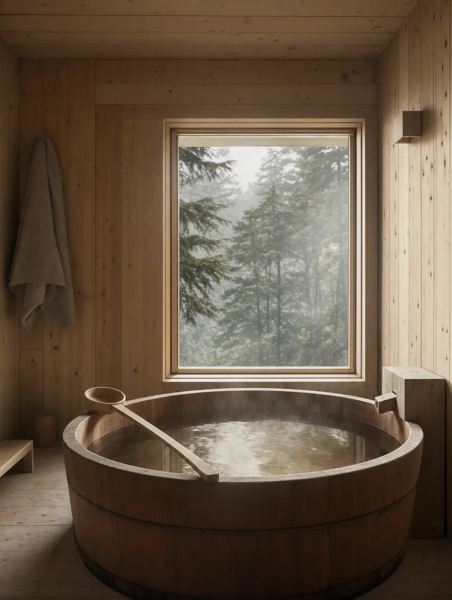 Une baignoire ronde en cèdre remplie d’eau fumante, une louche de bois posée sur le rebord, une fenêtre sur les épicéas.