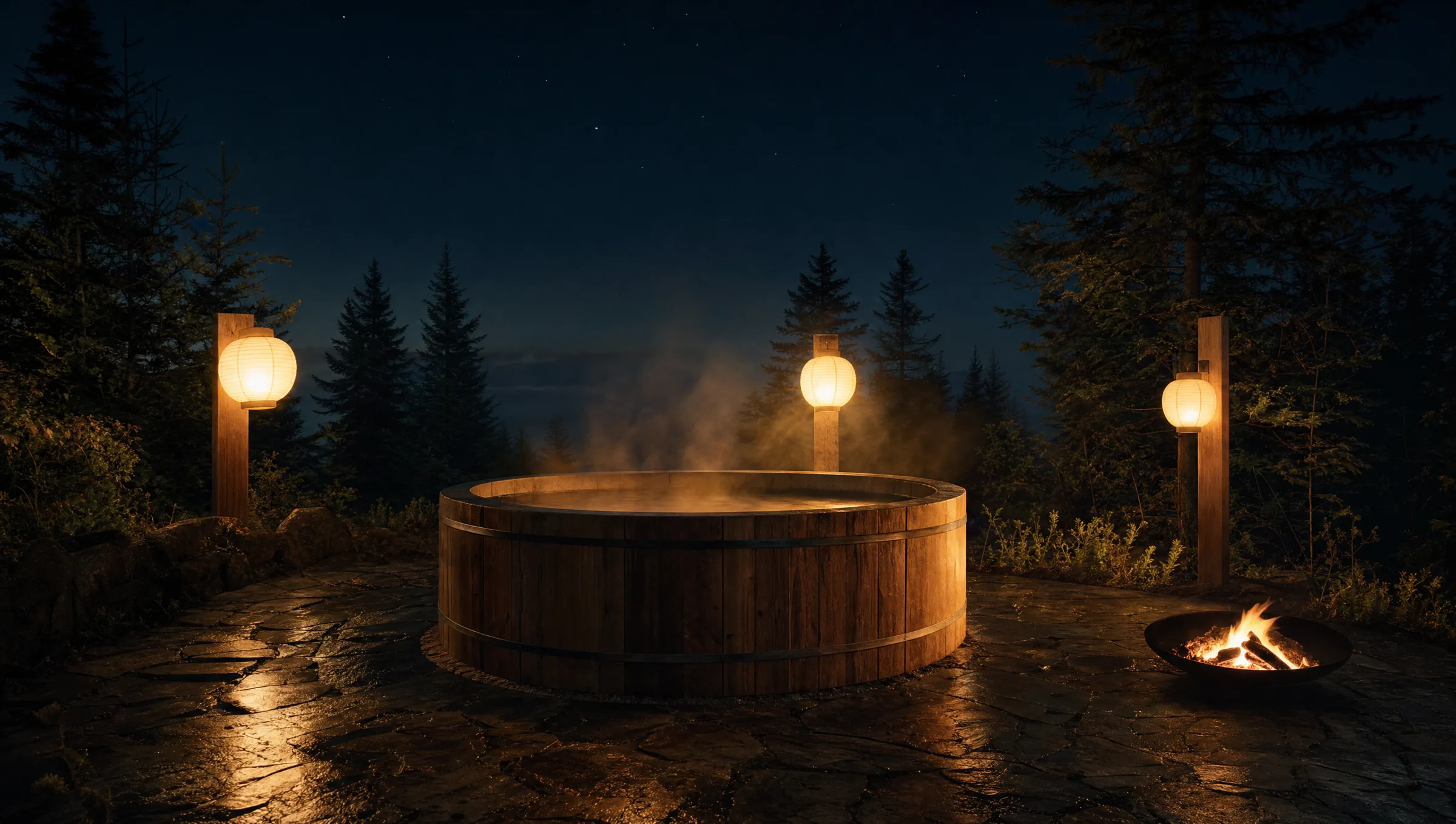 La nuit, un bassin rond en cèdre fume dans la clairière, trois lanternes de papier, un petit feu, les épicéas en silhouette sous les étoiles.