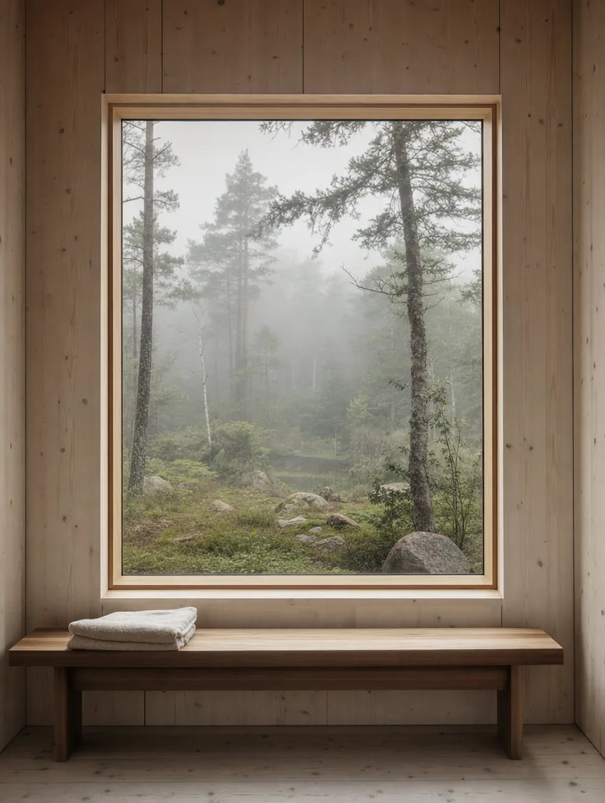 Une grande fenêtre carrée dans un mur de bois clair, la forêt dans la brume derrière, un banc et une serviette pliée.