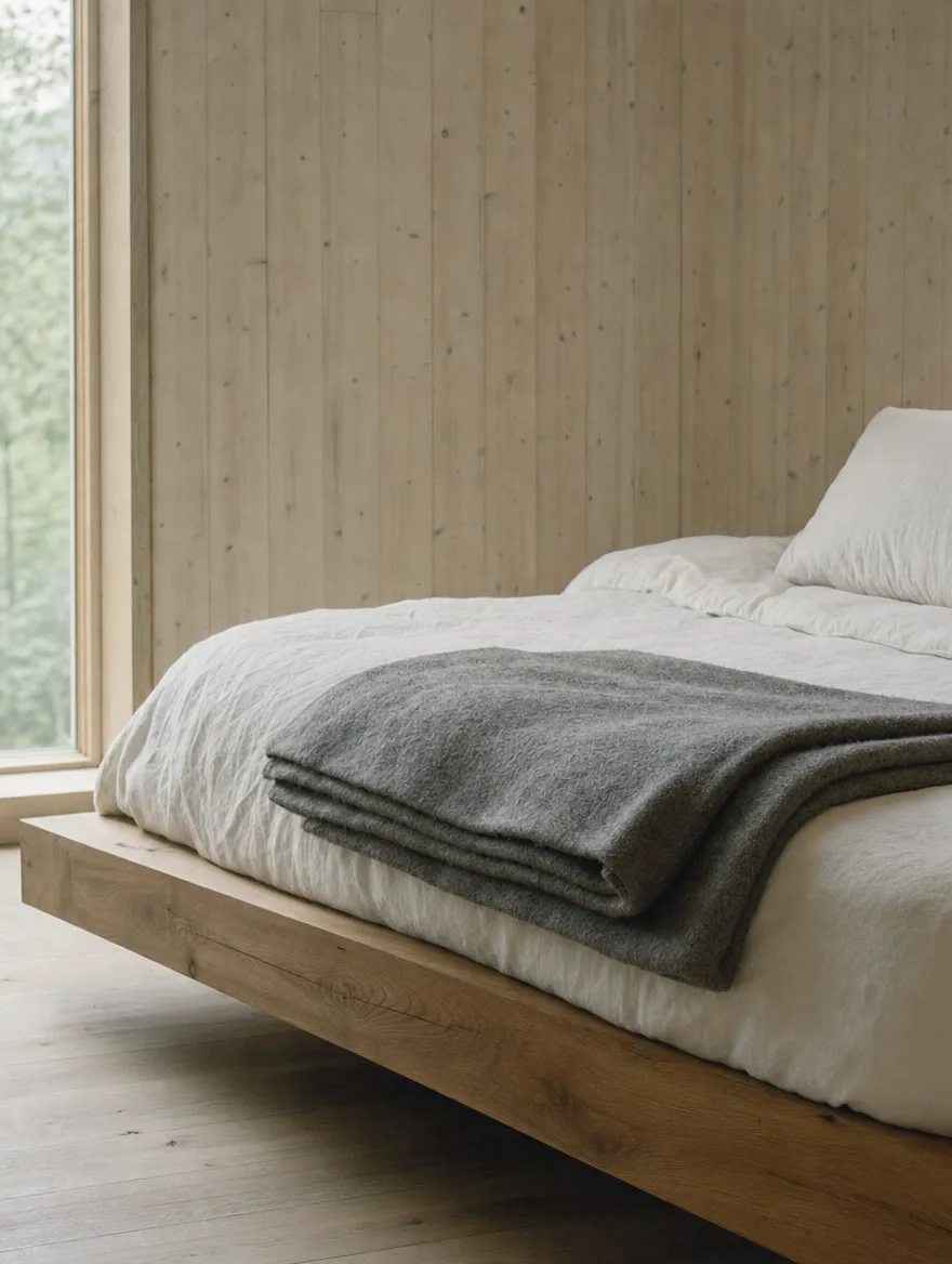 Un lit bas en chêne massif, draps de lin blanc, couverture de laine grise pliée.