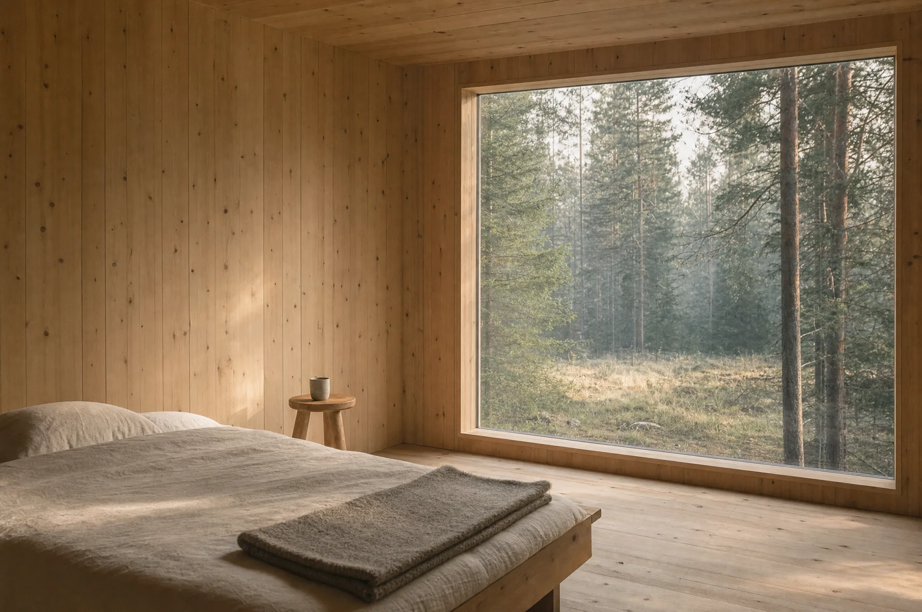 L’intérieur d’une cabane : murs de bois clair, lit bas en chêne, grande fenêtre carrée ouverte sur la forêt.