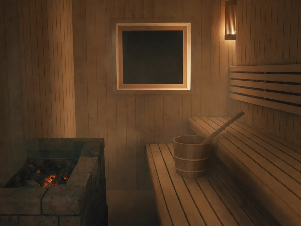 L’intérieur d’un petit sauna en bois clair la nuit, le poêle et ses pierres, un seau et une louche, de la vapeur.