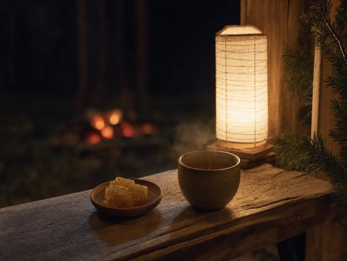 Une tasse de tisane fumante et un rayon de miel sur un banc de bois, la nuit, à la lumière d’une lanterne.